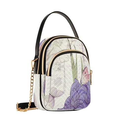 Sac à bandoulière rétro motif fleurs violettes et papillons pour femme B922