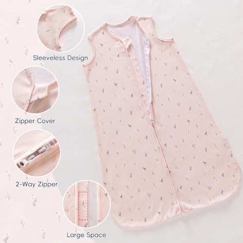 Image of PHF 100% Organic Cotton Baby Sleep Sack 6-12 Months, Soft Lightweight Wearable Blanket for Babies, 2-Way Zipper 0.3 TOG Comfy Toddler Sleeping Sack 3 Pack for Boys Girls Neutral, Pink Floral (Medium)