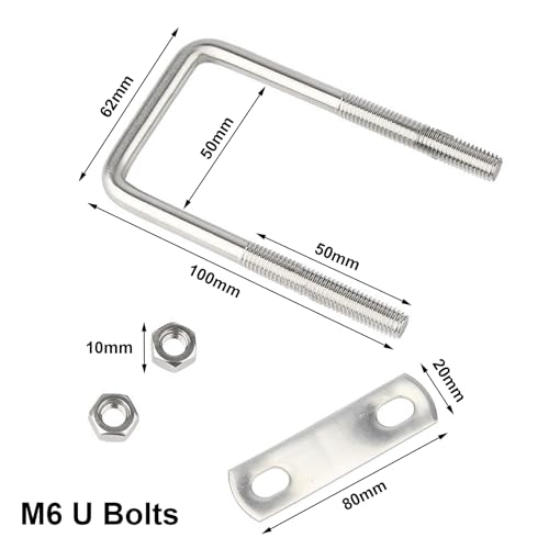 6 Stücke M6 Bügelbolzen 100mm x 50mm U Bolzen Verschluss Edelstahl Bügelschrauben U-Schrauben mit Mutter und Rahmenplatte für Rohr Befestigung Auto Abschleppen