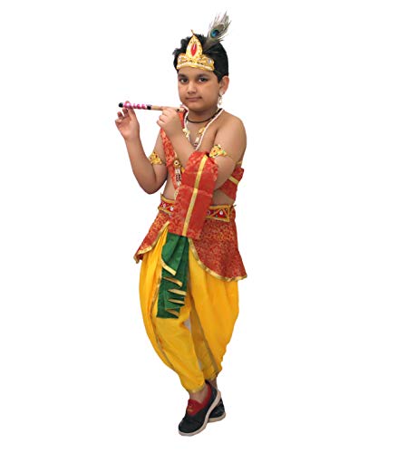 Image of Kaku Fancy Dresses Krishna Costume With Dhoti For Boy /Janmashtami /Bal Gopal Dress /Kanha Costume /Bal Krishna /Mythological Costume For Boy - Yellow-Red, 1-2 Years