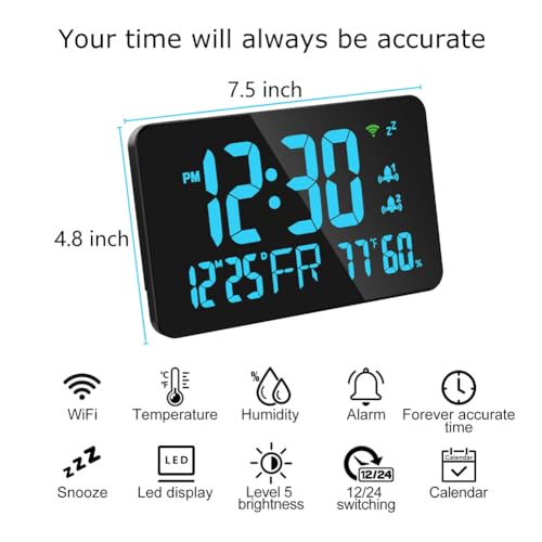 Walfront Tuya WiFi Digital Alarm Clock Calendar with LED Display Intelligent Thermometer Hygrometer for Bedroom Bedside Desktop Blue - Image 3