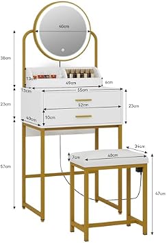 Makeup Table with Flip Top Mirror and Removable Storage Padded Seat Stool Led Smart Glass Dressing Table Chair Set,Compact White and Gold Vanity Table with Lighted Mirror Modern Dressing Tab