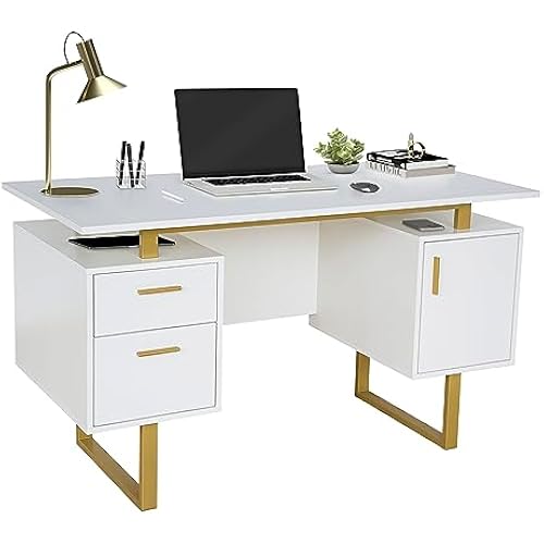 Techni Mobili 51"W Computer Desk w/ 2 Drawers & Storage Cabinet, White/Gold
