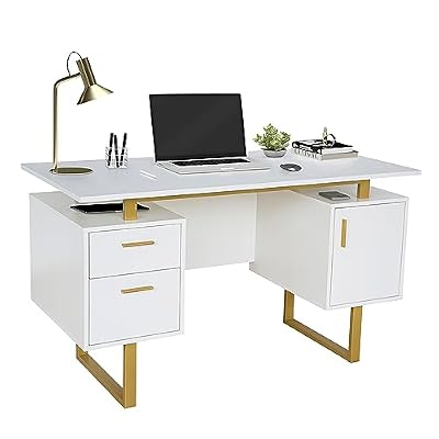 Techni Mobili 51"W Computer Desk w/ 2 Drawers & Storage Cabinet, White/Gold