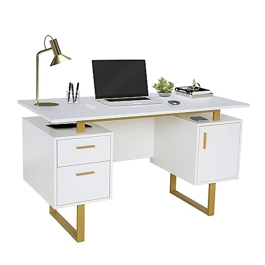 Techni Mobili Storage Drawers and Cabinet 51.25” W-Modern Office Large Floating Desktop Surface Desk, 23.6" D x 51.2" W x 29.8" H, White/Gold