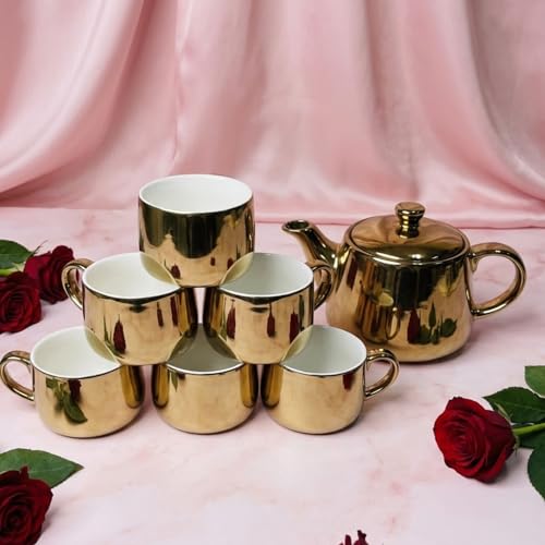 Image of DMRD Porcelain Tea Set with Kettle |Tea Cup Set 7Pc | Aesthetic and Classic Cups Set | Premium Crockery for Home & Gifting with Golden Color Geometric Pattern Design. (Golden)