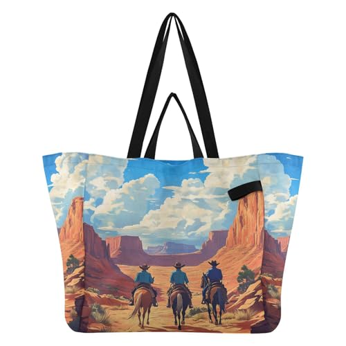 Wudan Bolsas de lona con asas, bolsas de comestibles de cocina, bolsa de uso diario para mujeres, regalos de despedida de soltera, tres vaqueros cabalgando a través del cañón Red Rock
