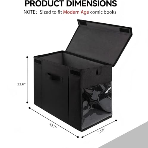 Image of 2 Pack Comic Book Storage Box with Lid for Modern Age, Collapsible Magazine Organizer with Clear Window, Heavy Duty Case Container Holder, Black