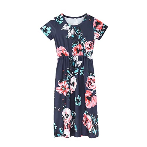 Toddler Girl Long Maxi Dress Floral Short Sleeve Dresses with Pockets Elastic Waist Holiday Casual Dresses for Girls (Black, 7-8 Years)4
