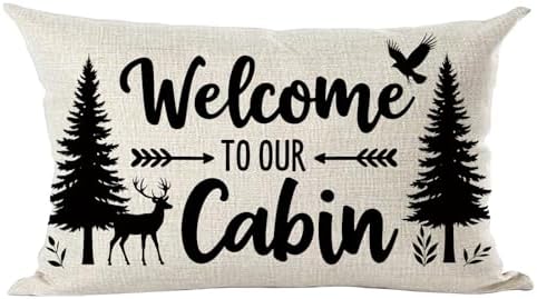 Ramirar Black Word Art Welcome to Our Cabin Arrow Forest Pine Deer Eagle Decorative Lumbar Throw Pillow Cover Case Home Living Room Bed Sofa Car Cotton Linen Rectangular 12 x 20 Inches image 5