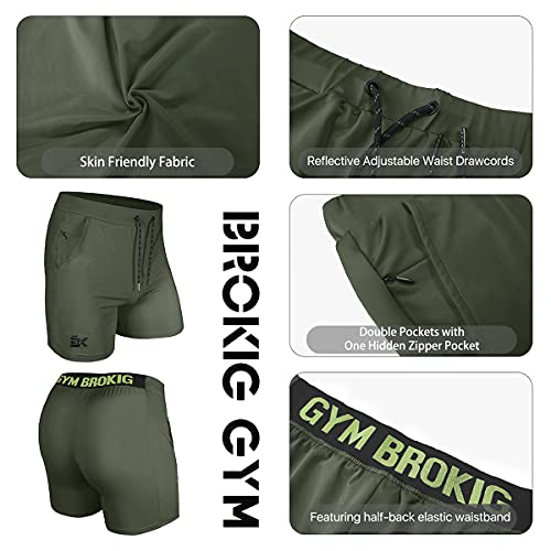 BROKIG Mens Stretch Gym Shorts, Lightweight Running Sport Training Workout Fitness Short Slim with Zip Pocket (S,Army Green) - Image 5