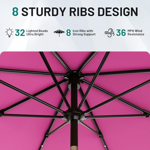 Image of AreShark 9FT Patio Umbrella with Solar Lights, 32 Lighted Pool Umbrella w /Tilt and Crank, Outdoor Market Solar Umbrellas for Garden, Deck, Backyard, Pool and Beach, Rose Pink