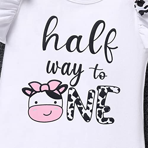 Baby Girl Cow 1/2 Birthday Outfit Farm Animal Fancy Dress Up Flutter Sleeve Romper Tutu Skirt Headband Bowknot Tutu Dress 3Pcs Clothes Set For Cake Smash Photo Prop Pink Cow - Half Way To One 6 Months #TOP3