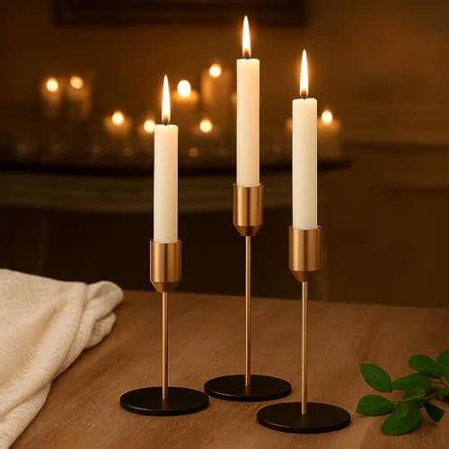 3er Set Schwarz-Goldene Kerzenständer aus Metall – Moderne Stabkerzenhalter mit Schwarzer Basis & Goldenem Kopf, Elegante Tischdeko für Esstisch, Kamin & Wohnzimmer, Passend für Standard-Stabkerzen