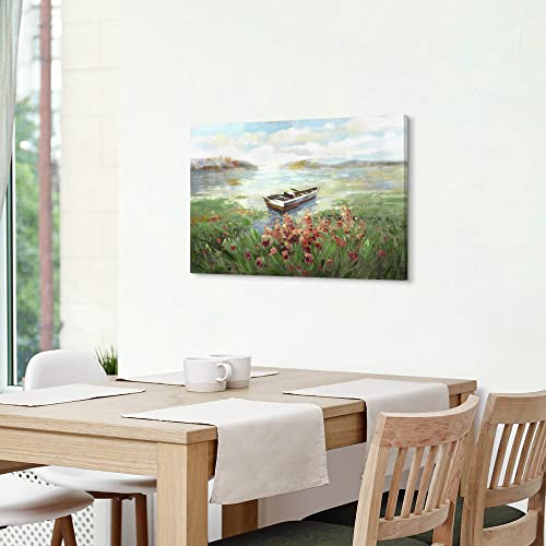 Arttitue Lake Boat Scenery Oil Painting: Hand Painted Nature Landscape Picture Artwork Contemporary Bedroom Living Room Natural Scene Canvas Wall Art Decor Home Office Decoration 24”X16” #TOP4