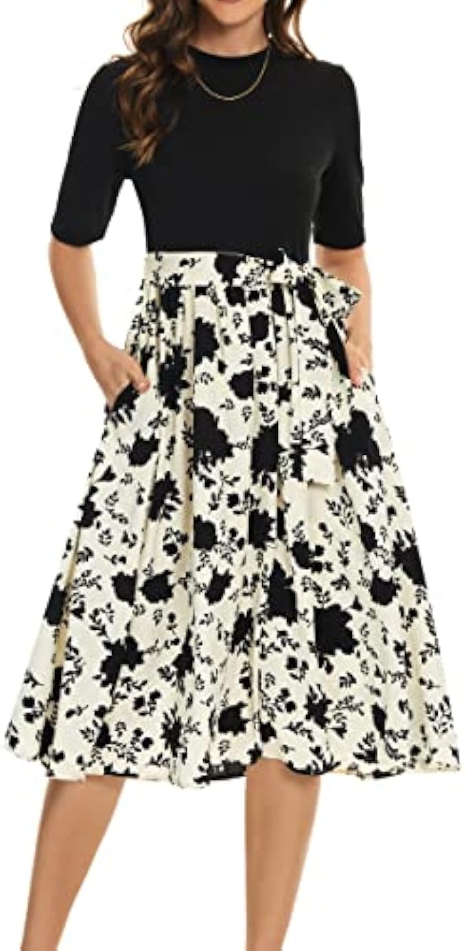 CISMARK Womens Modest Half Sleeve Ribbed Midi Casual Work Dress with Pockets