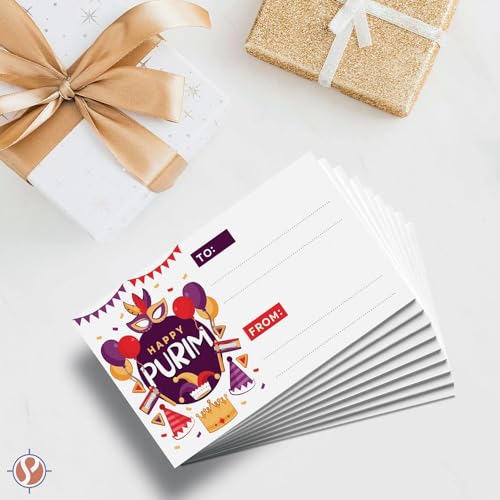 Image of Happy Purim Blank Gift Tags, 3.5 inch x 2 inch To From Jewish Holiday Religious Complimentary Greeting Note Cards for Gifts and Presents Wrapping - Business Card Size, Thick and Durable - 25 per Pack (Purple)