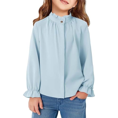 Girls Ruffle Long Sleeve Blouse Kids Button Down Uniform Dress Shirts 5 to 14 Years