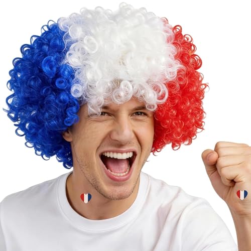 rookea French Flag Colors Afro Wig for 2026 World Soccer Game Sport Cup, National Flag Blue White Red Curly Afro Wig Hair for Women Men Cheering Fans Costume Outfit Sports Football Party Supplies