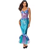 ReneeCho Mermaid Costume for Women Halloween Mermaid Tail Dress Adult Blue Sequins Skirts