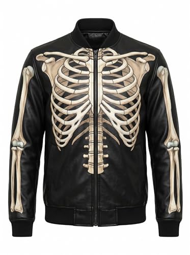 Image of Halloween Men's Black Skeleton Bone Print Leather Jacket | Theme Party Costume Cosplay Fashion Style Biker Real Leather Jacket