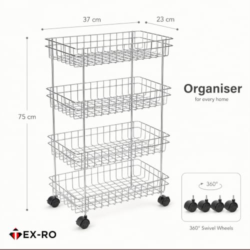 Image of TEX-RO Stainless Steel Vegetable Stand for Kitchen with Wheels | 4 Tier Kitchen Trolley Organizer | Onion Potato Storage Rack | Multipurpose Steel Storage Rack & Vegetable Basket for Modular Kitchen