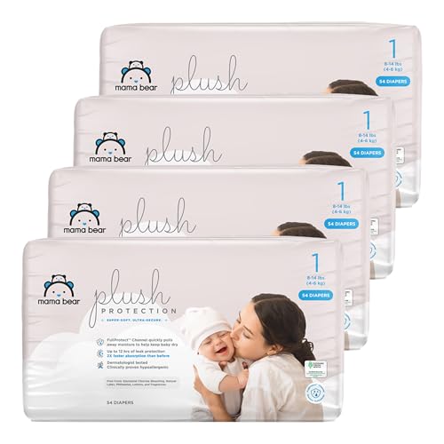 Image of Amazon Brand - Mama Bear Plush Protection Diapers - Size 1, One Month Supply, Hypoallergenic Premium Disposable Baby Diapers, 216 Count (Pack of 4), White and Cloud Dreams