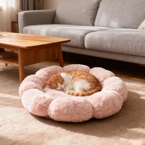 Cute Flower Shape Cat Bed Soft & Comfortable Round Dog Bed Washable Pet Bed with Removable Cushion for Indoor Kittens & Puppies Calming Support for Small Medium Cats & Dogs (Pink)