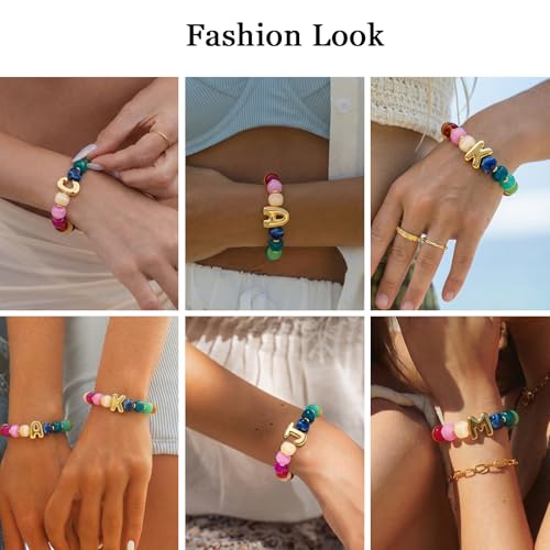 LOVEZORA Gold Plated Initial Bracelet Letter F Chunky Beaded Bracelet, Colorful Boho Statement Jewelry,Summer Jewelry Gift for Mom Women by LOVEZORA - Used condition - Image 3
