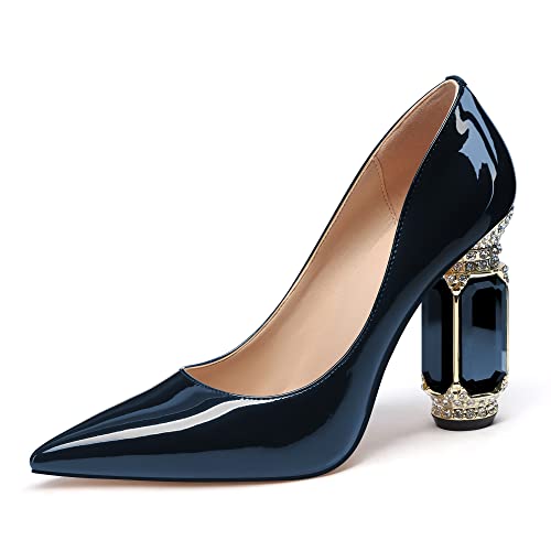 Image of JANSEVEN Women Chunky Heels Pumps Crystal Block Heels with Rhinestones Pointed Toe Sexy Gradient Patent Leather Slip on Bridal Party Wedding Dress Shoes 5-13 M US