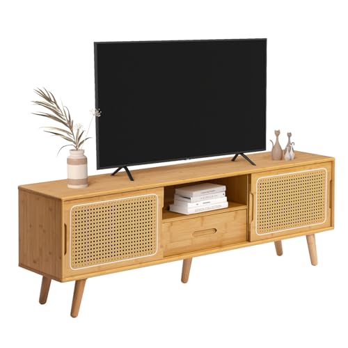 HollyHOME Bamboo TV Stand with Storage for TVs up to 65", Modern Entertainment Center with Rattan and Drawer, Accent TV Table with 2 Shelf, Media Console Cabinet for Living Room, Bedroom, Burlywood