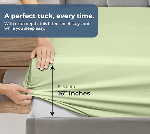 Image of Royale Linens Fitted Sheet With Pillowcase - Twin XL Fitted Sheets With 1 Pillowcase - 300 Thread Count 100% Organic Cotton - Fit Mattress Up to 18 inch Deep -Soft & Breathable -Sage Green (No Flat Sheet)