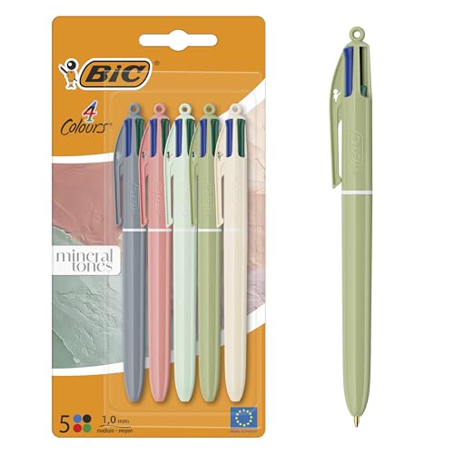 BIC 4 Colours Mineral Tones Ball Pens Medium Point (1.00 mm) - Assorted Barrel Colours, Pack of 5