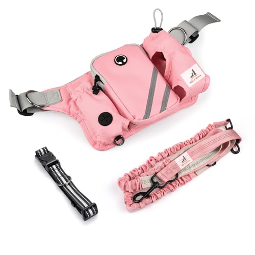 Mila & Winnie Hands Free Dog Leash with Zipper Pouch - Waist Belt with Multi Pockets Bag - Reflective Stitching Bungee with Running Waist Belt & Head Collar for Dogs Training, Jogging, Hiking, Pink