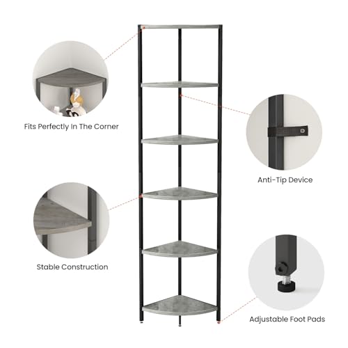 6-Tier-Standing-Corner-Shelf705-Tall-Ladder-Corner-Storage-Shelf-with-Adjustable-FeetRustic-Display-Rack-Multipurpose-Bookshelf-BookcasePlant-Stand-for-Living-Room-Bedroom-Grey 6 Tier Standing Corner Shelf705 Tall Ladder Corner Storage Shelf with Adjustable FeetRustic Display Rack Multipurpose Bookshelf BookcasePlant Stand for Living Room Bedroom Grey