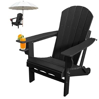 CLOUDEEP Folding Adirondack Chair, HDPE Plastic Black Adirondack Chairs Weather Resistant, Oversized Outdoor Fire Pit Chairs with Cup Holder and Umbrella Hole for Patio Garden, Lawn and Poolside