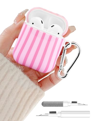 Aitipy Compatible with Airpods 2nd 1st Generation Case Cute Hot Pink Stripe Aesthetic Design with Carabiner Soft TPU Skin Anti-Scratch Shockproof Protective Cover for Women Girls