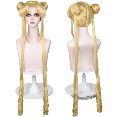 Wiggy Mermaid Long Blonde Wig for Women Curly Blonde Cosplay Wig Anime Wigs with Bun Cap for Halloween Costume Party