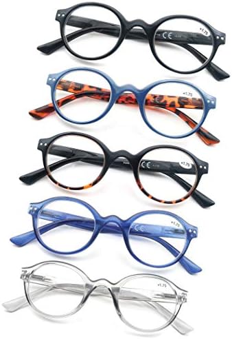OLOMEE Reading Glasses Women Men Classic Round Readers +1.75 Circular Cheaters Glasses W/Lightweight Frame Comfortable Fit 5 Pack