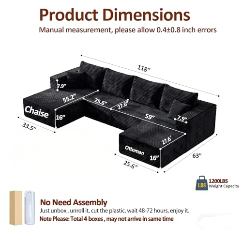 Image of 118 inch Modular Sectional Sofa with Chaise&Ottoman,Oversized U-Shaped Corduroy Cloud Couch, Deep Seat Boneless Couch for Living Room, No-Assembly,Black(Left Facing Chaise)