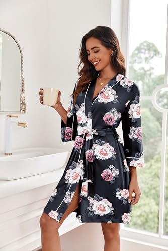Image of Ekouaer Women Kimono Robes Knee Length Knit Bathrobe Lightweight Soft Sleepwear V-neck Casual Ladies Loungewear