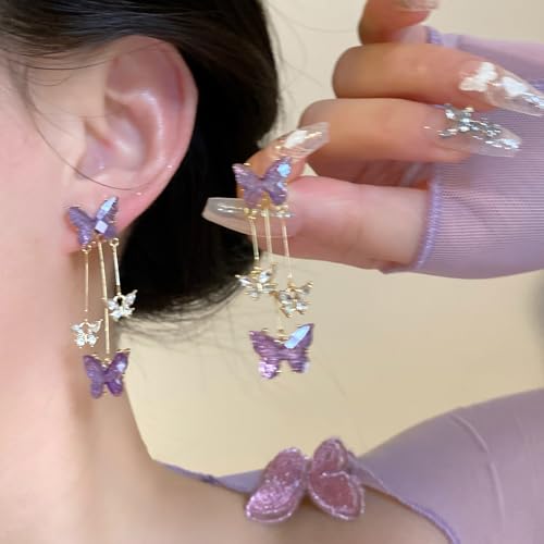 Butterfly Earrings for Women Sparkle Purple Butterfly Earrings For Girls Crystal Long Tassel Dangle Drop Purple Earrings for Singer Fans Concent Costume Outfits Jewelry Gifts3