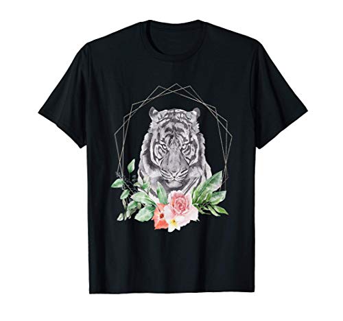 Tigre Cadeau Fleur Cadre Aquarelle Noir T-Shirt