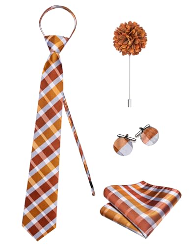 Image of Hi-Tie Mens Grey Orange Zipper Ties Plaid Adjustable Pre-Tied Necktie Lapel Pin Pocket Square Cufflinks Set
