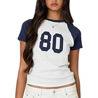 Women Summer Y2K Crop Baby Tee Number Graphic Crew Neck Top Vintage Teen Girl Blokecore T-Shirt Aesthetic Streetwear (Blue A, M)