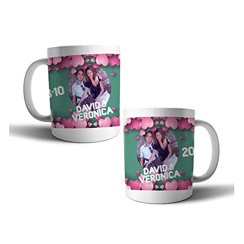 Coppia di Tazze Per Innamorati san valentino Personalizzate con nome e foto Cuori Rosa Mug Prima Colazione Breakfast (Manico Standard)