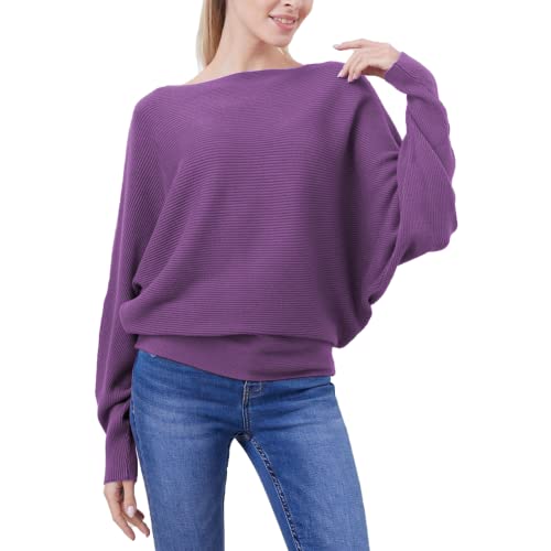 Image of FULIER Women Oversized Boat Neck Batwing Sleeves Dolman Knitted Sweaters Lightweight Pullovers Tops One Size