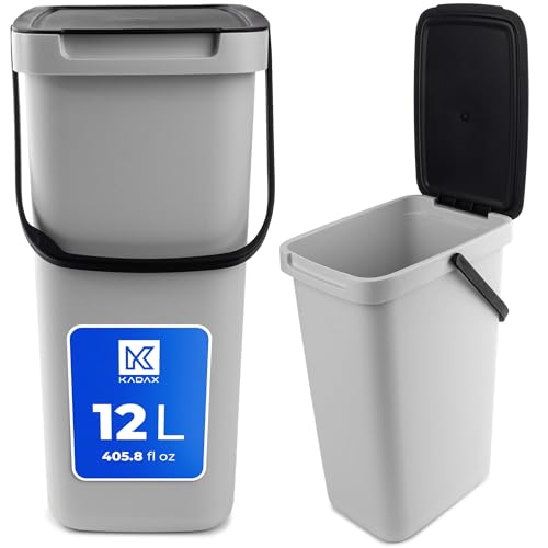 KADAX Abfallbehälter mit Deckel und Griff, Abfalleimer aus Plastik, Mülleimer für die Mülltrennung, Rechteckiger Abfallsammler mit Klappdeckel (Grau, 12L)