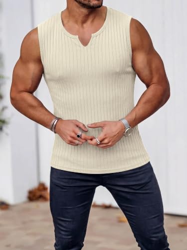 JEMLDL Men's Beach Tank Tops Sleeveless Knit Ribbed V Neck Casual Summer Vacation Shirts Muscle Tee Beige L — view 2