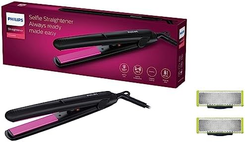 PHILIPS HP8302 Selfie Straightener, Black & Philips Oneblade Replaceable Blade Pack Including 2 Replaceable Blades, Qp220/51 (Lime)